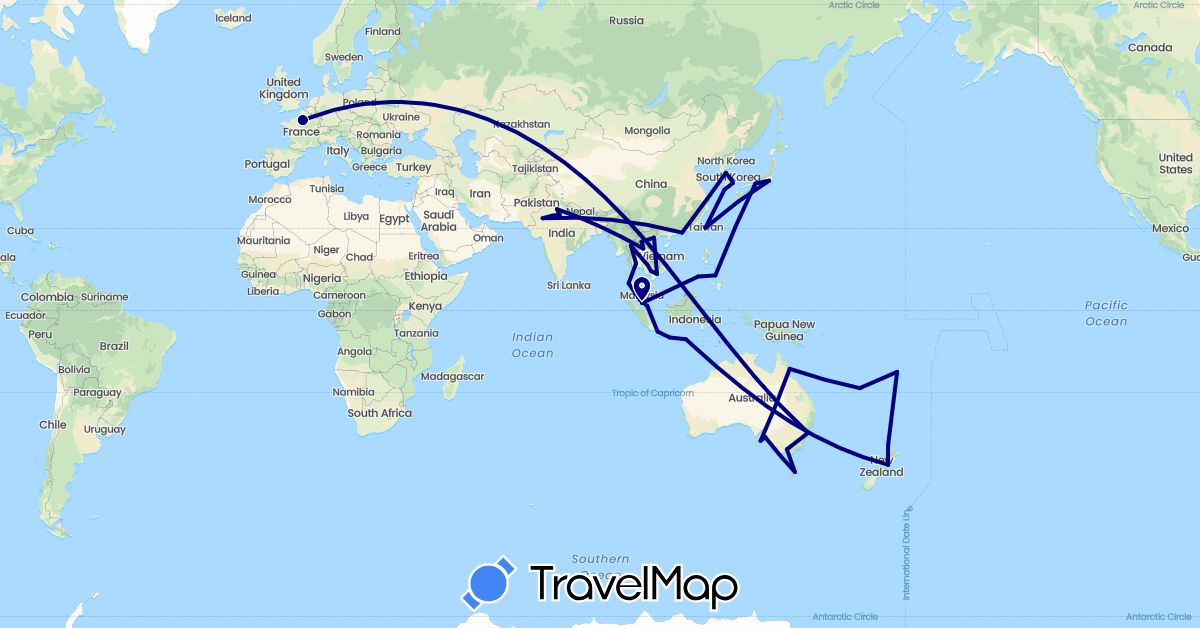 TravelMap itinerary: driving in Australia, China, Fiji, France, Hong Kong, Indonesia, India, Japan, Cambodia, South Korea, Laos, Malaysia, New Caledonia, New Zealand, Philippines, Singapore, Thailand, Taiwan, Vietnam (Asia, Europe, Oceania)